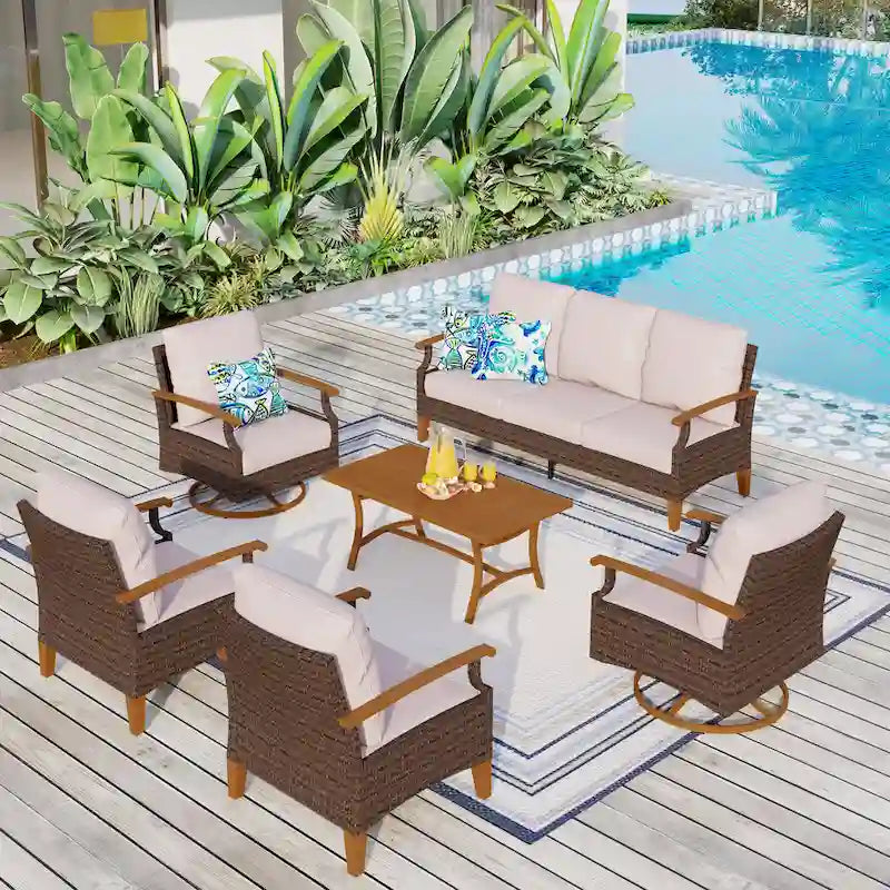 Ensemble de mobilier de jardin 6/9 pièces en rotin et osier avec fauteuil pivotant et rocking-chair
