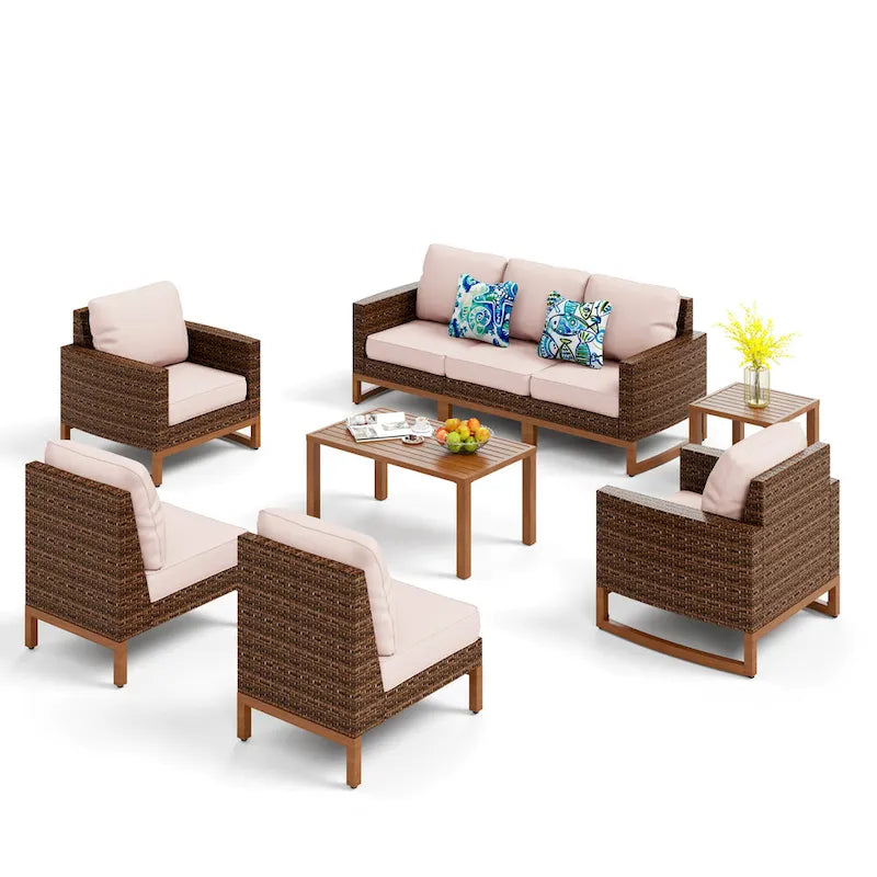 Ensemble de mobilier de jardin 6/9 pièces en rotin et osier avec fauteuil pivotant et rocking-chair