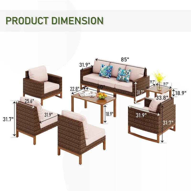 Ensemble de mobilier de jardin 6/9 pièces en rotin et osier avec fauteuil pivotant et rocking-chair