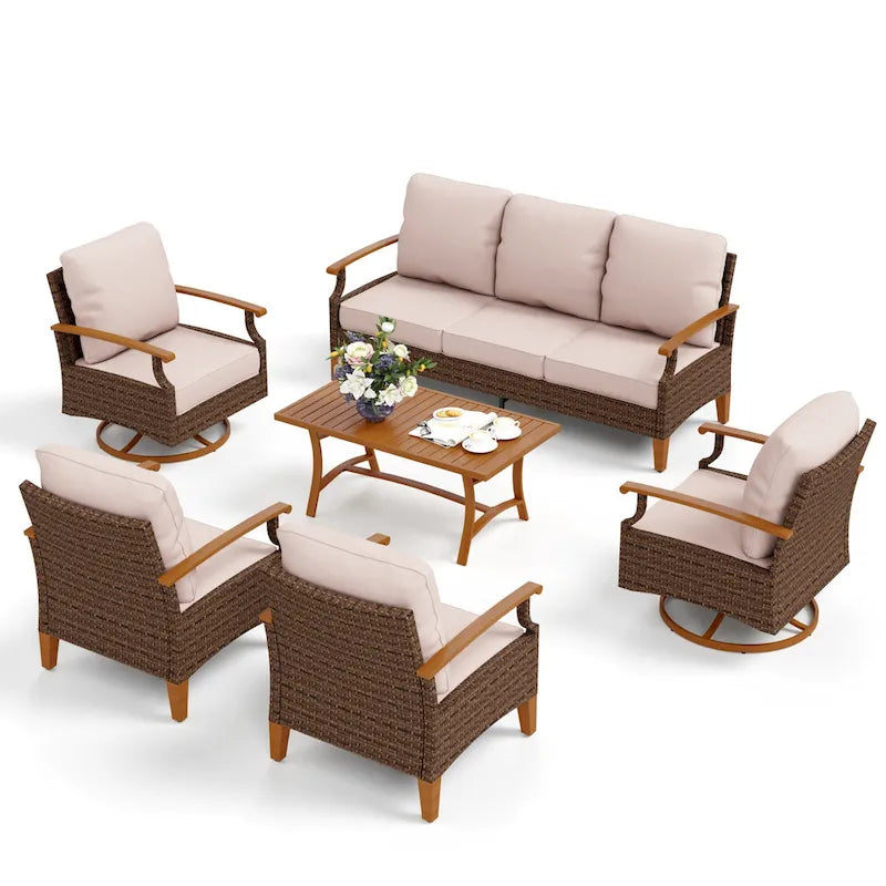 Ensemble de mobilier de jardin 6/9 pièces en rotin et osier avec fauteuil pivotant et rocking-chair