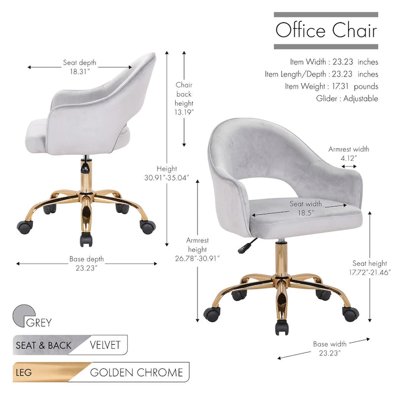 Chaise de Bureau Pivotante en Velours, Pieds Chromés Dorés