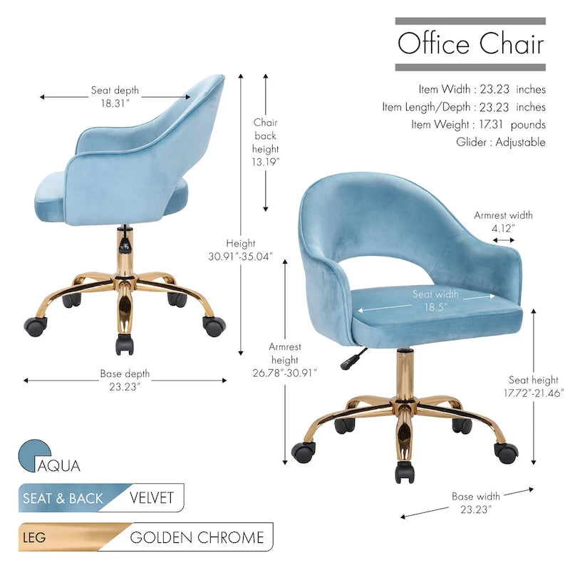Chaise de Bureau Pivotante en Velours, Pieds Chromés Dorés