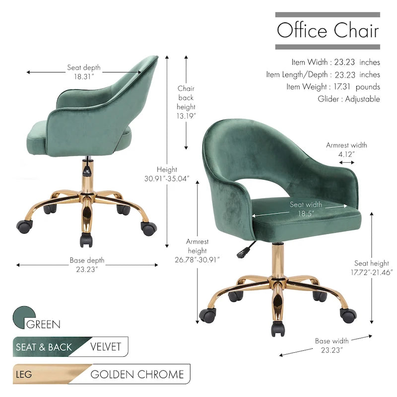 Chaise de Bureau Pivotante en Velours, Pieds Chromés Dorés
