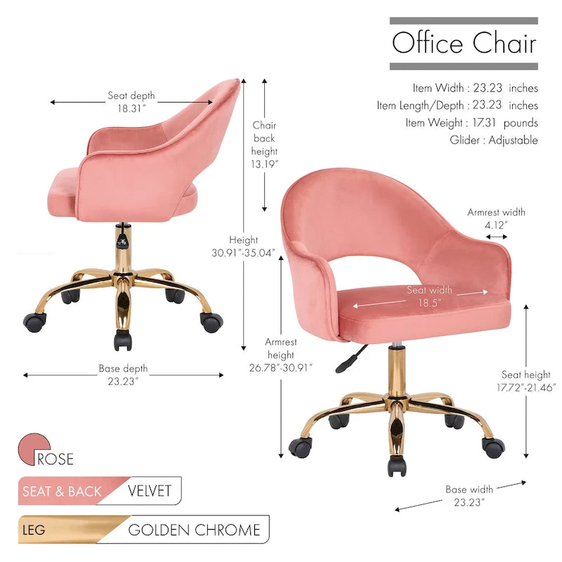 Chaise de Bureau Pivotante en Velours, Pieds Chromés Dorés