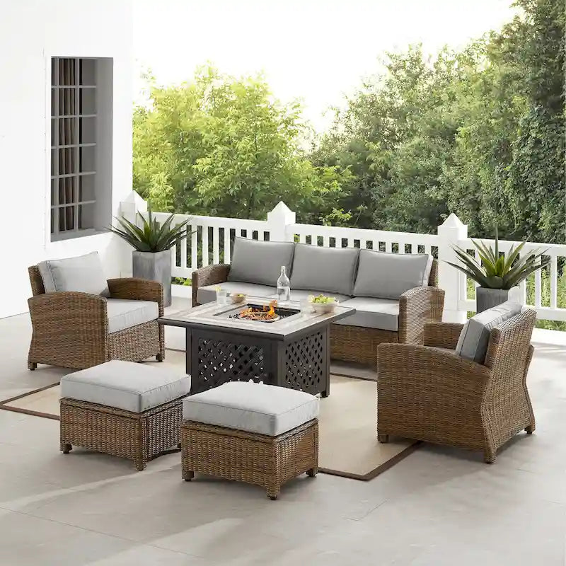 Crosley Bradenton 6Pc Outdoor Wicker Sofa Set W/Fire Table - 150.5 W x 135 D x 32.5 H