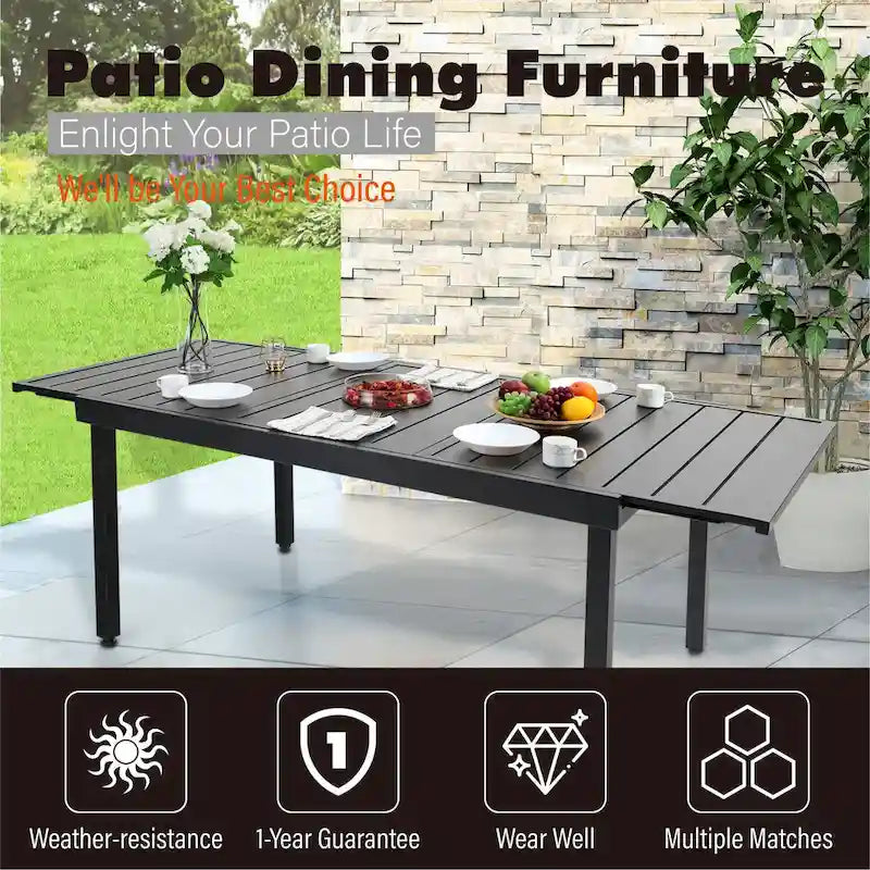 Ensemble de table à manger d'extérieur multi-pièces extensible en acier noir et rotin