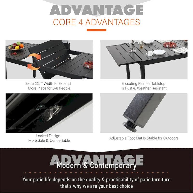 Ensemble de table à manger d'extérieur multi-pièces extensible en acier noir et rotin