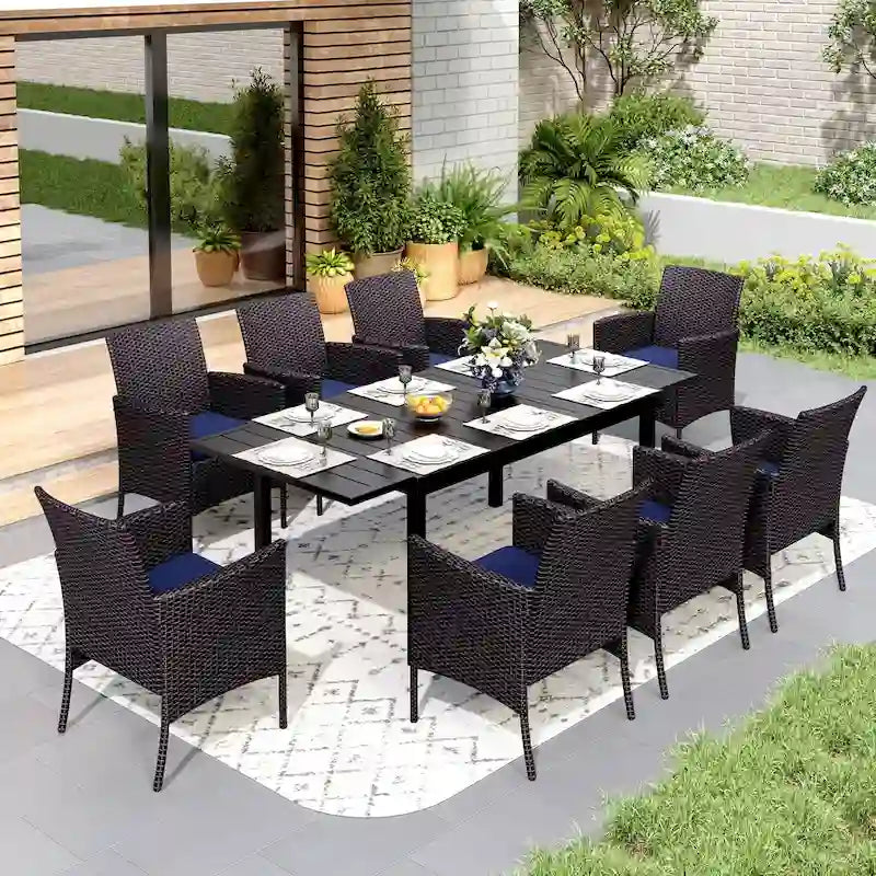 Ensemble de table à manger d'extérieur multi-pièces extensible en acier noir et rotin