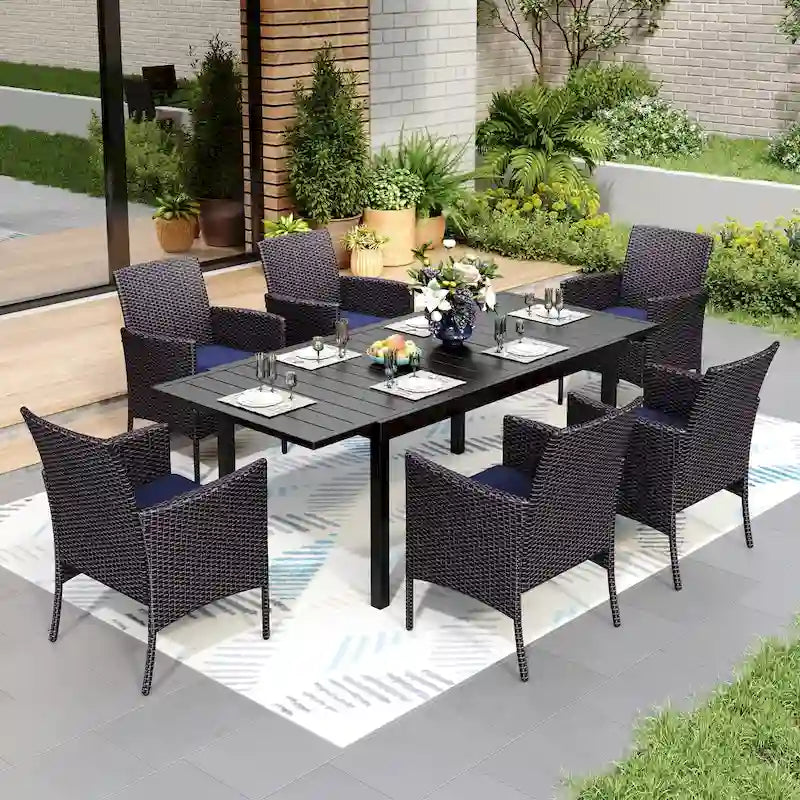 Ensemble de table à manger d'extérieur multi-pièces extensible en acier noir et rotin