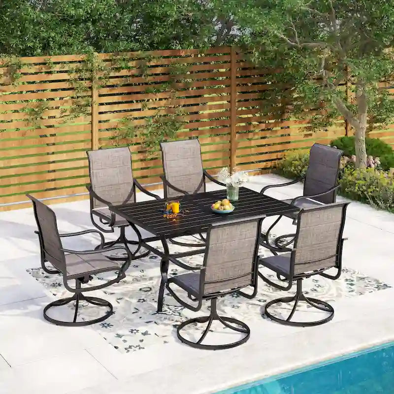 MAISON ARTS Ensemble de salle à manger d'extérieur, 6 chaises pivotantes de patio et table à manger rectangulaire de 152 x 96,5 cm avec trou pour parasol