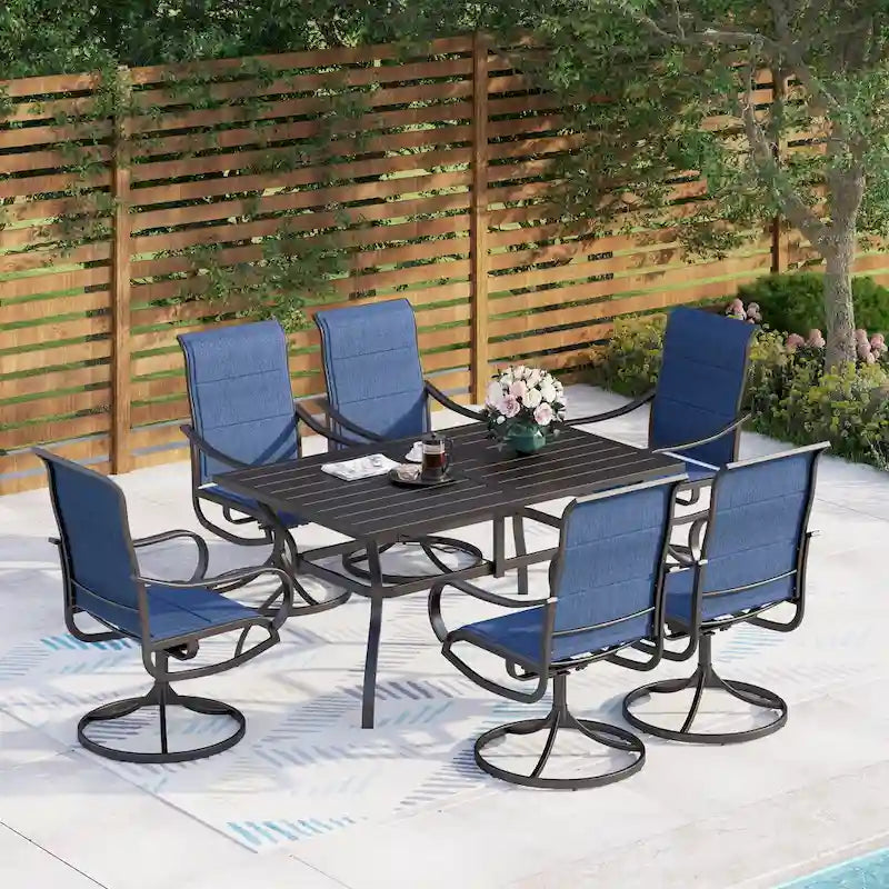 MAISON ARTS Ensemble de salle à manger d'extérieur, 6 chaises pivotantes de patio et table à manger rectangulaire de 152 x 96,5 cm avec trou pour parasol