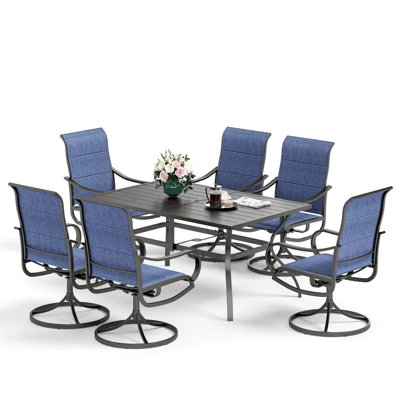 MAISON ARTS Ensemble de salle à manger d'extérieur, 6 chaises pivotantes de patio et table à manger rectangulaire de 152 x 96,5 cm avec trou pour parasol