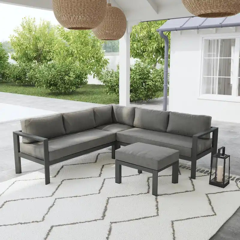 Canapé d'angle 5 places en aluminium Grayton Gray avec pouf - 87 x 32 x 87
