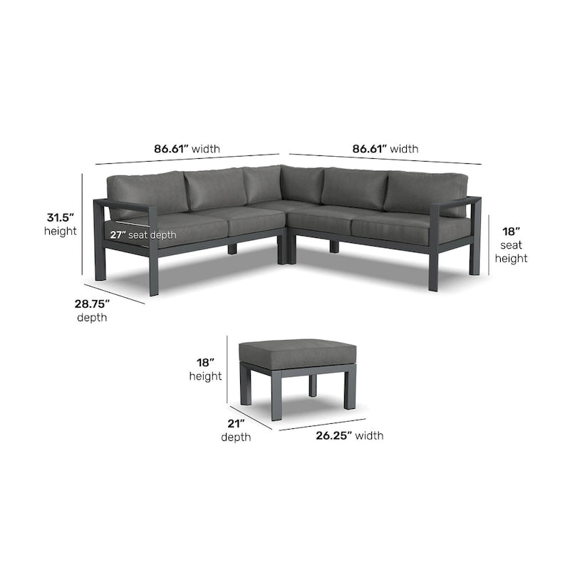 Canapé d'angle 5 places en aluminium Grayton Gray avec pouf - 87 x 32 x 87