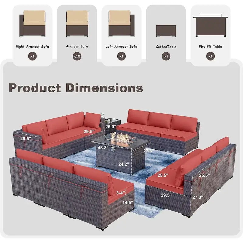 Ensemble de meubles de patio extérieur Kullavik 14 pièces avec table brasero