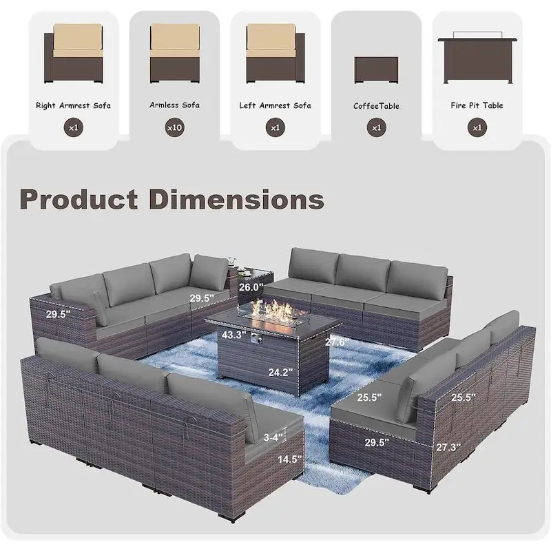 Ensemble de meubles de patio extérieur Kullavik 14 pièces avec table brasero