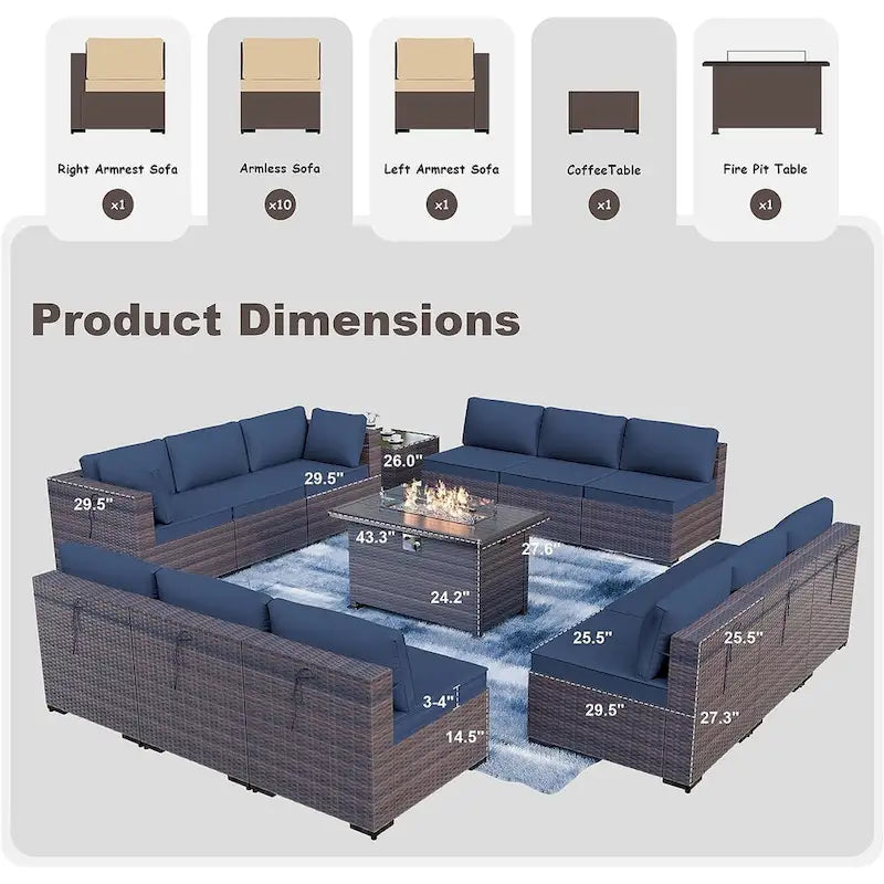 Ensemble de meubles de patio extérieur Kullavik 14 pièces avec table brasero