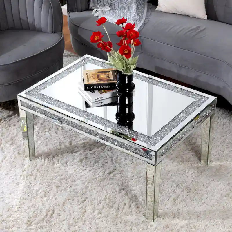 Table basse rectangulaire avec incrustation en cristal Table de salon miroir argenté