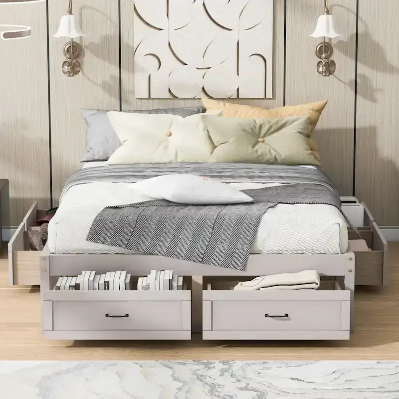 Lit plate-forme Queen Size avec 6 tiroirs de rangement
