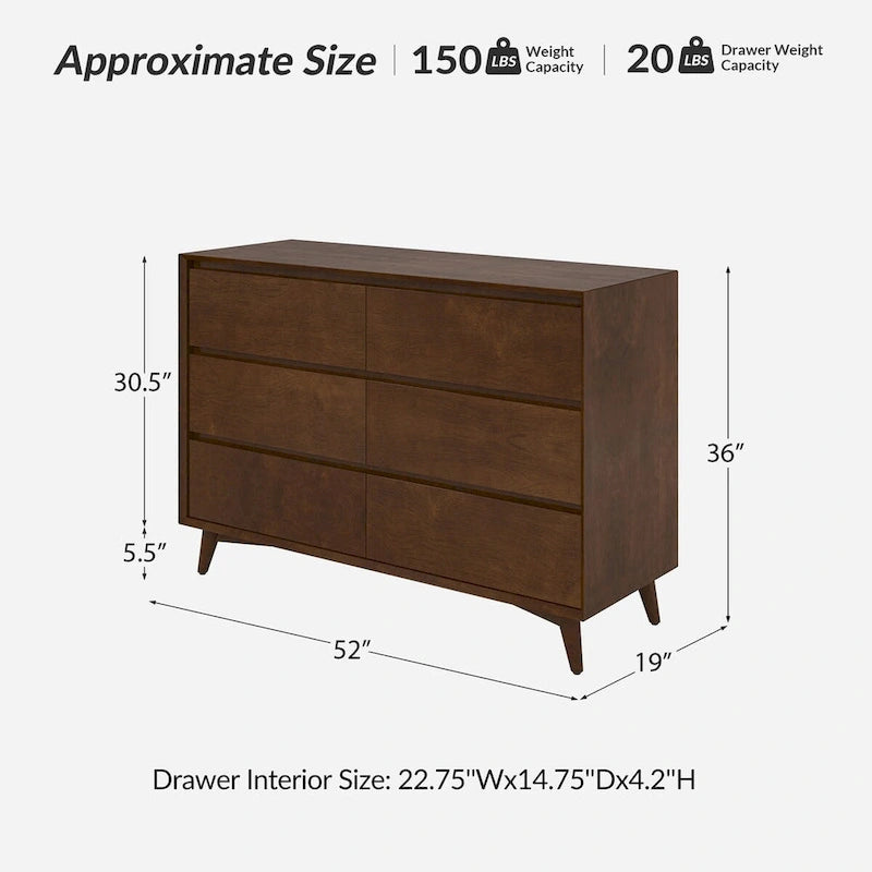 Raffaele Commode à 6 tiroirs de style Mid-century avec pieds en bois massif