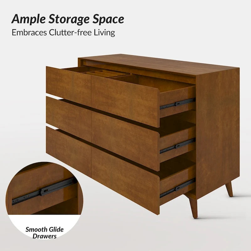 Raffaele Commode à 6 tiroirs de style Mid-century avec pieds en bois massif