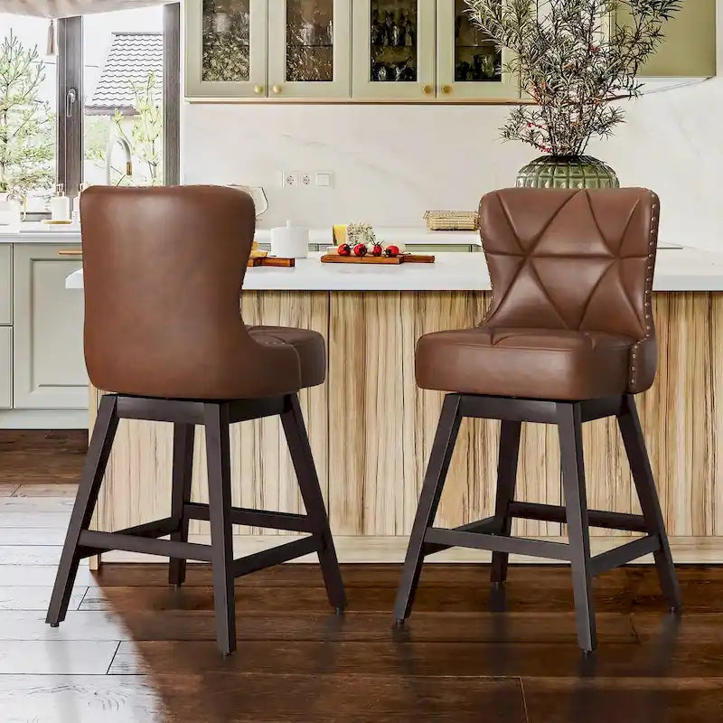 Tabourets de bar pivotants modernes de 66 cm en similicuir/tissu rembourré avec cadre en bois pour îlot de cuisine (lot de 2)