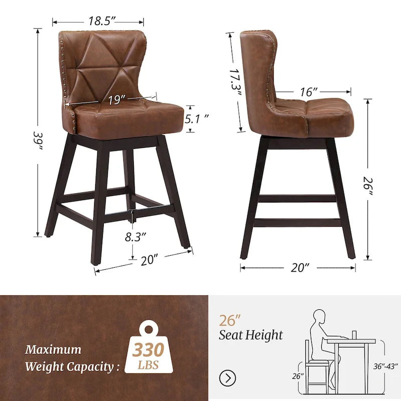 Tabourets de bar pivotants modernes de 66 cm en similicuir/tissu rembourré avec cadre en bois pour îlot de cuisine (lot de 2)