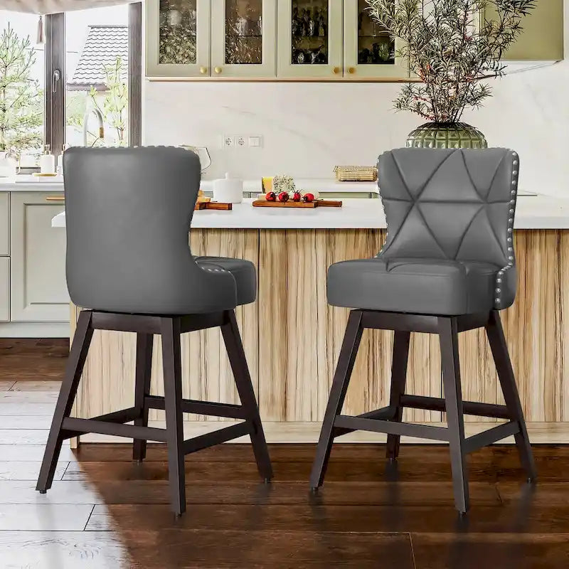 Tabourets de bar pivotants modernes de 66 cm en similicuir/tissu rembourré avec cadre en bois pour îlot de cuisine (lot de 2)