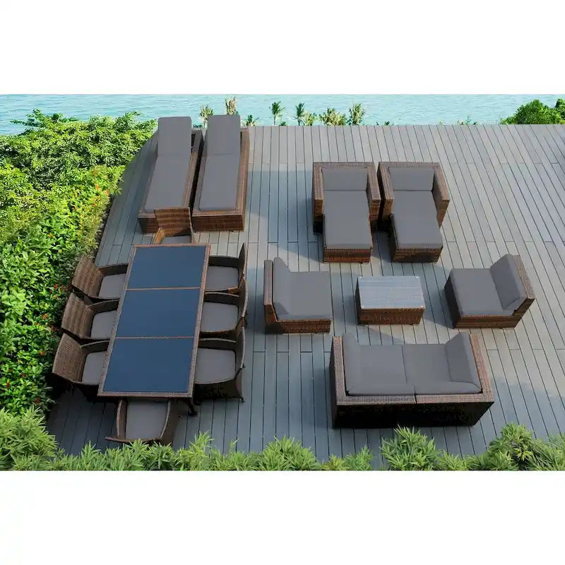 Ensemble canapé et salle à manger d'extérieur Ohana en osier marron mélangé, 20 pièces