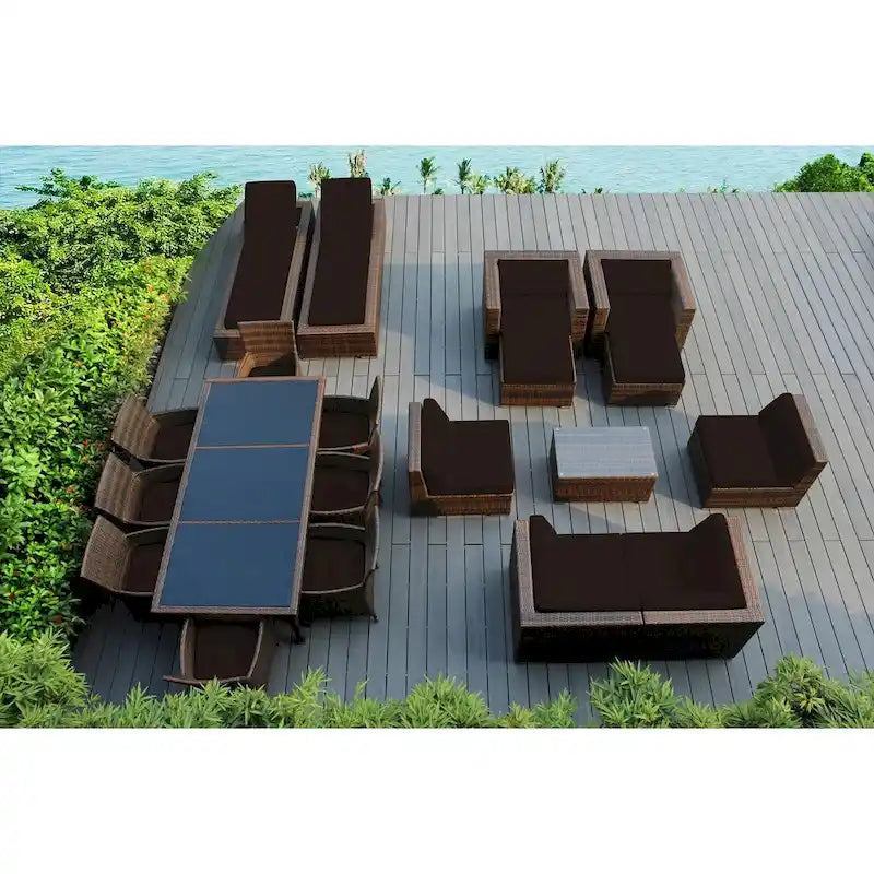 Ensemble canapé et salle à manger d'extérieur Ohana en osier marron mélangé, 20 pièces