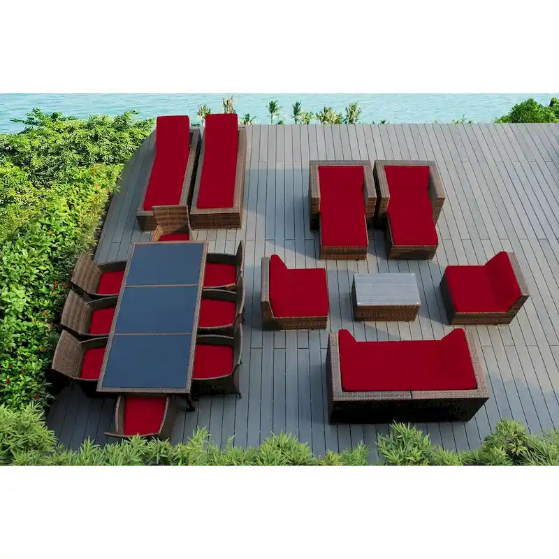 Ensemble canapé et salle à manger d'extérieur Ohana en osier marron mélangé, 20 pièces