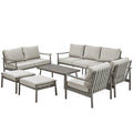 Ensemble de conversation d'extérieur 7 pièces en aluminium, avec canapé 3 places, causeuse, poufs et table basse