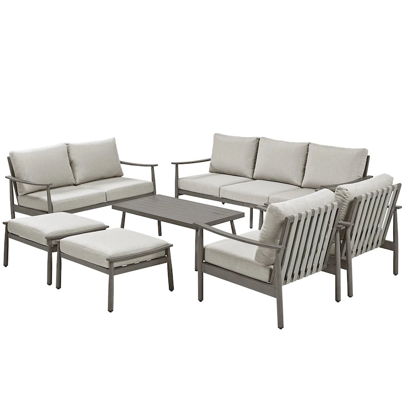 Ensemble de conversation d'extérieur 7 pièces en aluminium, avec canapé 3 places, causeuse, poufs et table basse
