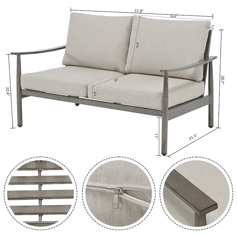 Ensemble de conversation d'extérieur 7 pièces en aluminium, avec canapé 3 places, causeuse, poufs et table basse