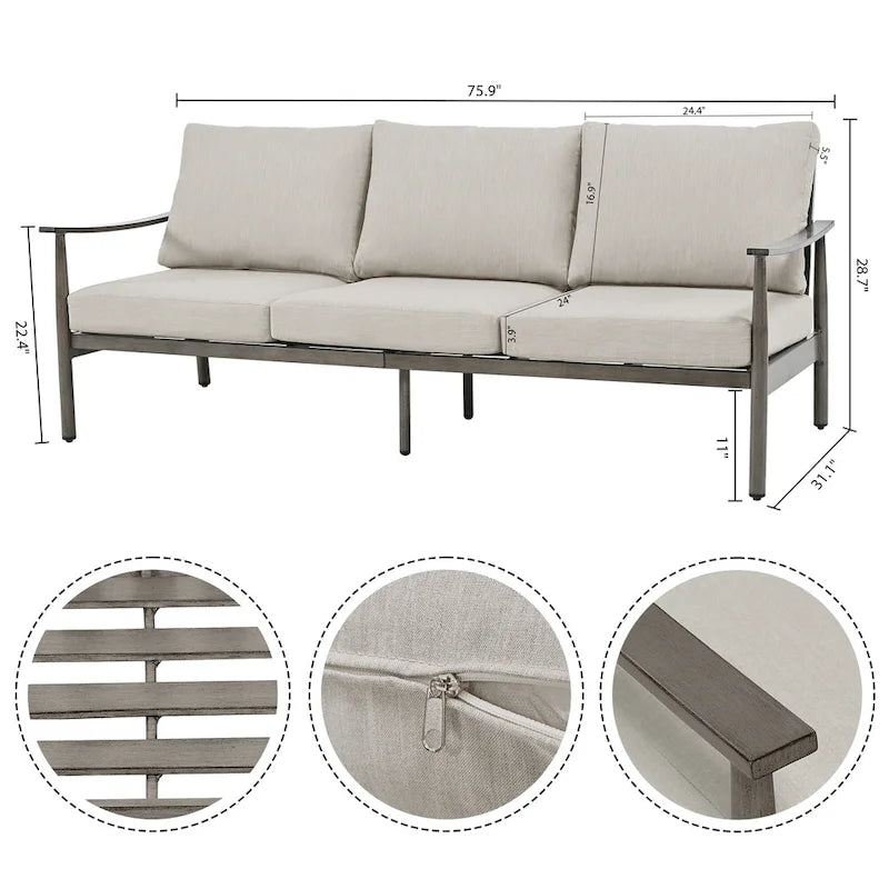 Ensemble de conversation d'extérieur 7 pièces en aluminium, avec canapé 3 places, causeuse, poufs et table basse