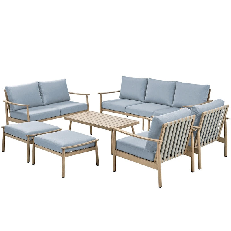 Ensemble de conversation d'extérieur 7 pièces en aluminium, avec canapé 3 places, causeuse, poufs et table basse