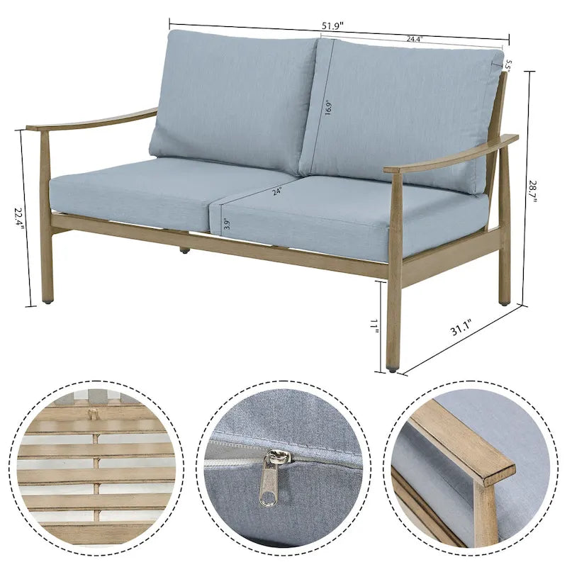 Ensemble de conversation d'extérieur 7 pièces en aluminium, avec canapé 3 places, causeuse, poufs et table basse