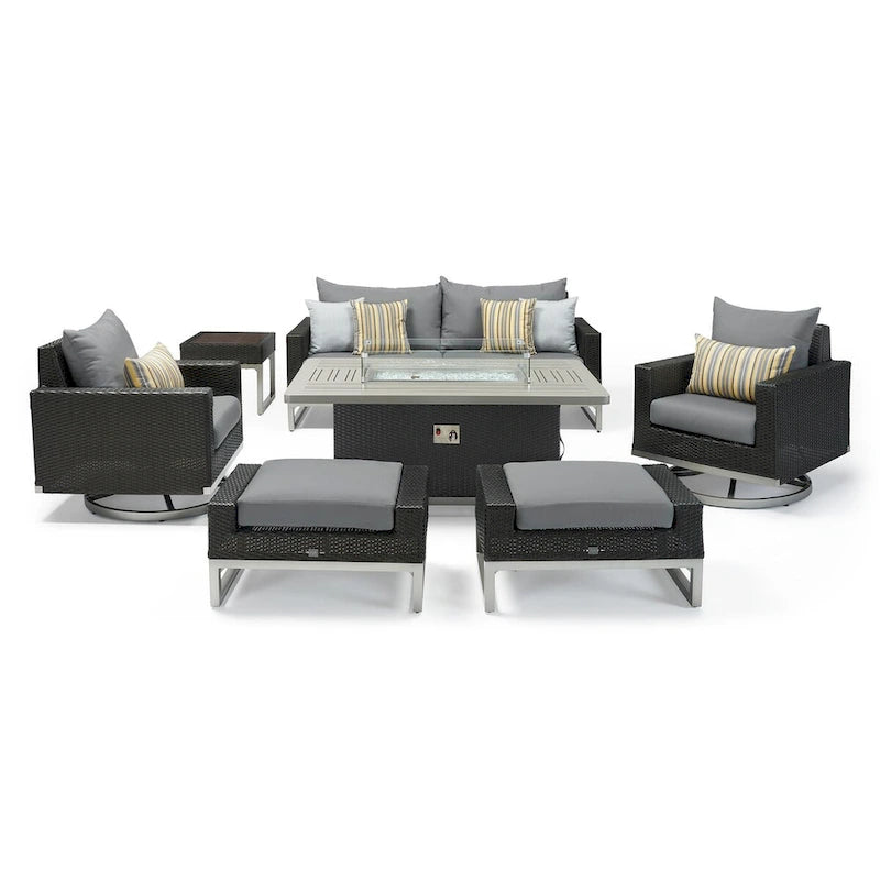 Ensemble de patio Milo Espresso 7 pièces Sunbrella avec foyer mobile