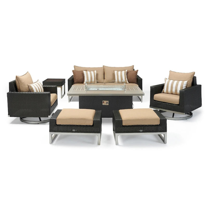 Ensemble de patio Milo Espresso 7 pièces Sunbrella avec foyer mobile