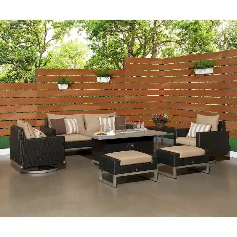 Ensemble de patio Milo Espresso 7 pièces Sunbrella avec foyer mobile