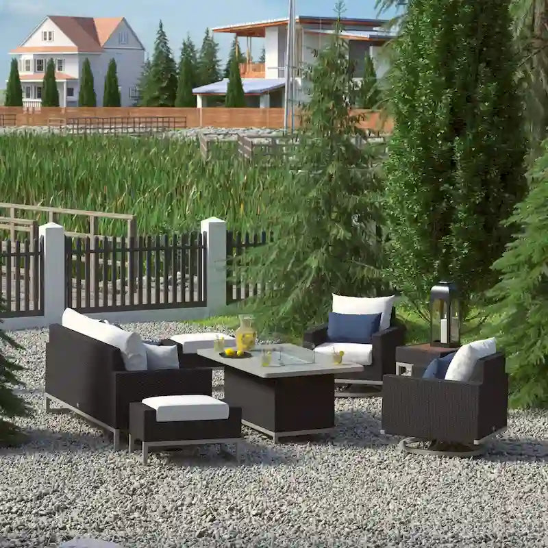 Ensemble de patio Milo Espresso 7 pièces Sunbrella avec foyer mobile