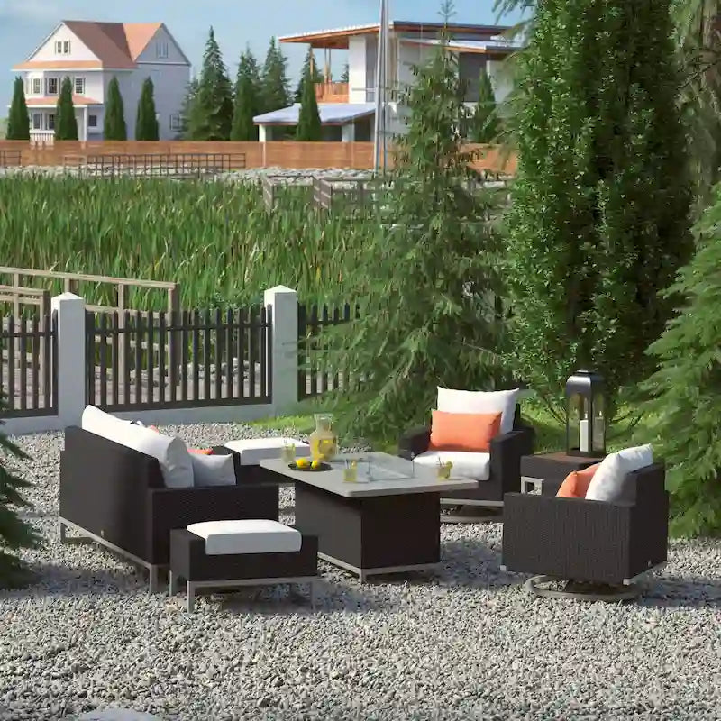Ensemble de patio Milo Espresso 7 pièces Sunbrella avec foyer mobile