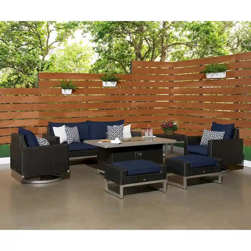 Ensemble de patio Milo Espresso 7 pièces Sunbrella avec foyer mobile