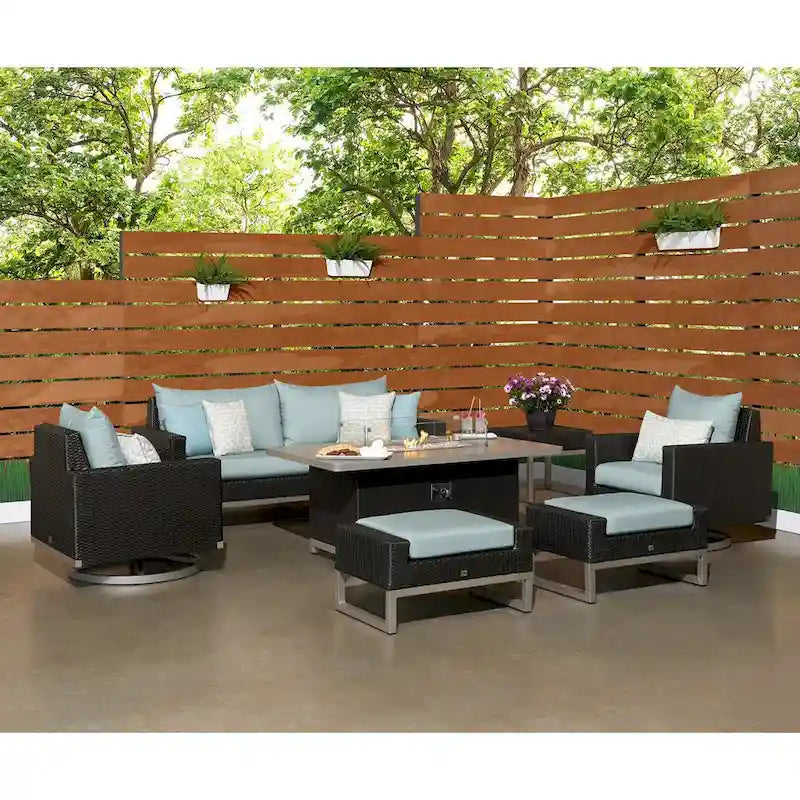 Ensemble de patio Milo Espresso 7 pièces Sunbrella avec foyer mobile