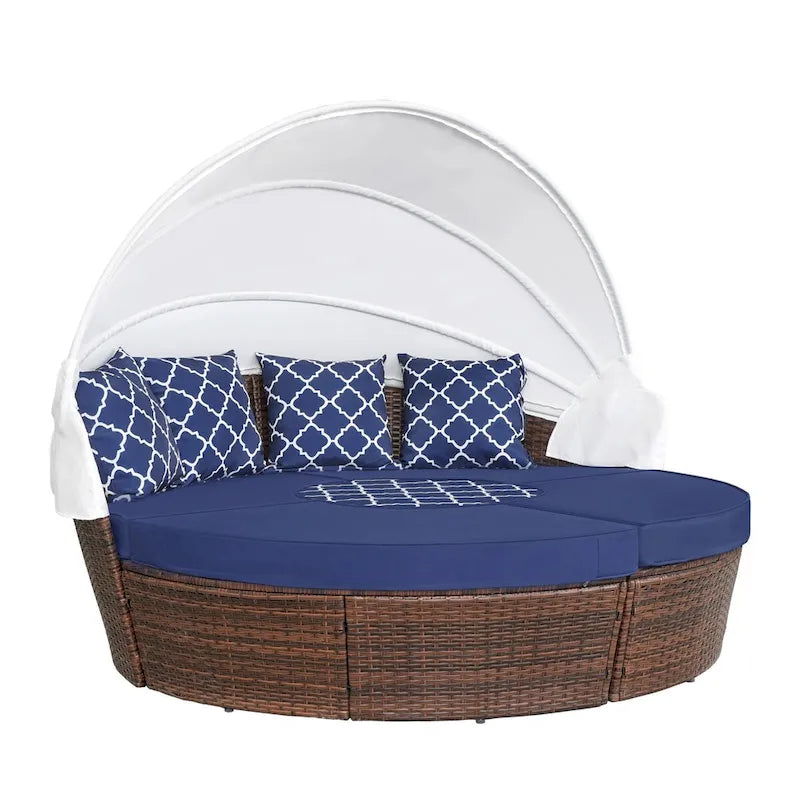 Canapé sectionnel d'extérieur en osier 5 pièces Ledel avec baldaquin rétractable et coussins