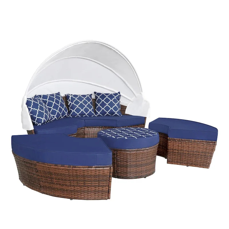 Canapé sectionnel d'extérieur en osier 5 pièces Ledel avec baldaquin rétractable et coussins