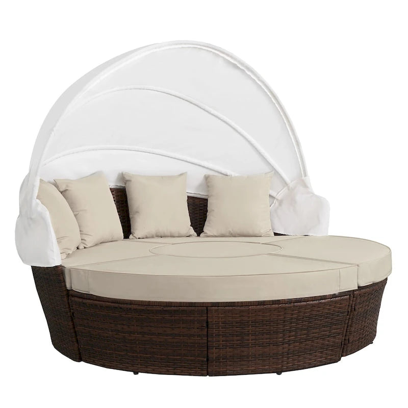 Canapé sectionnel d'extérieur en osier 5 pièces Ledel avec baldaquin rétractable et coussins