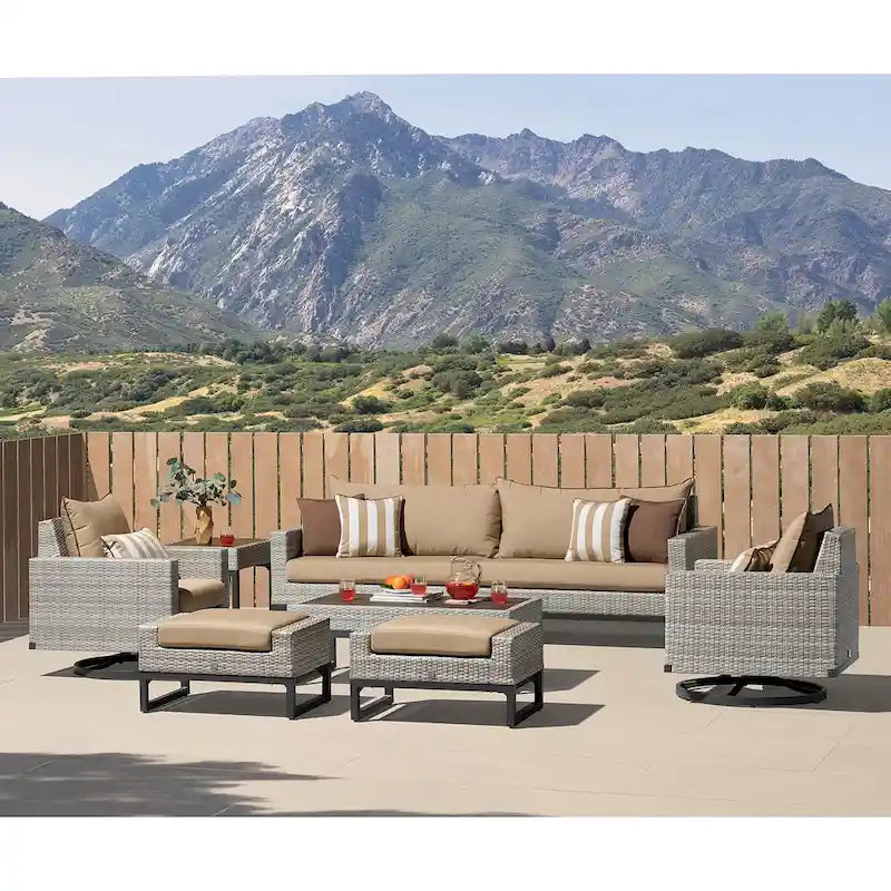 Ensemble de salon de jardin Milo Gray Sunbrella, 8 pièces, avec fauteuils pivotants