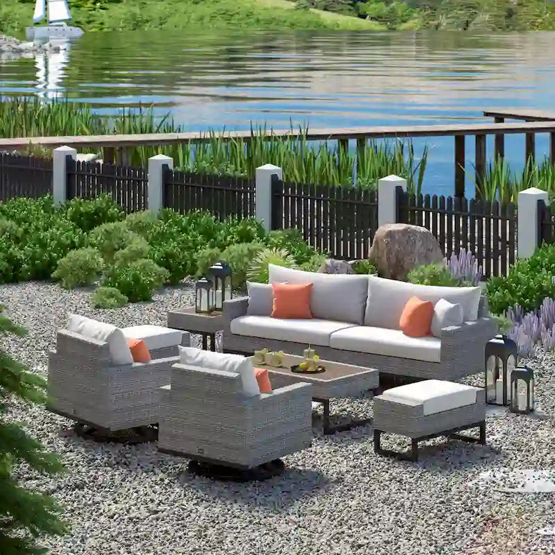 Ensemble de salon de jardin Milo Gray Sunbrella, 8 pièces, avec fauteuils pivotants