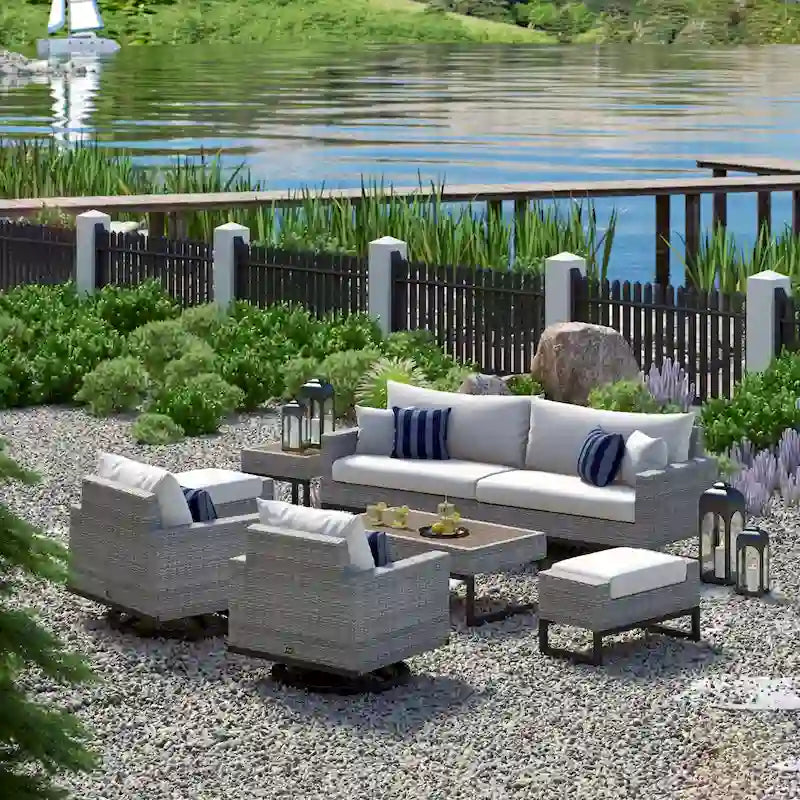 Ensemble de salon de jardin Milo Gray Sunbrella, 8 pièces, avec fauteuils pivotants